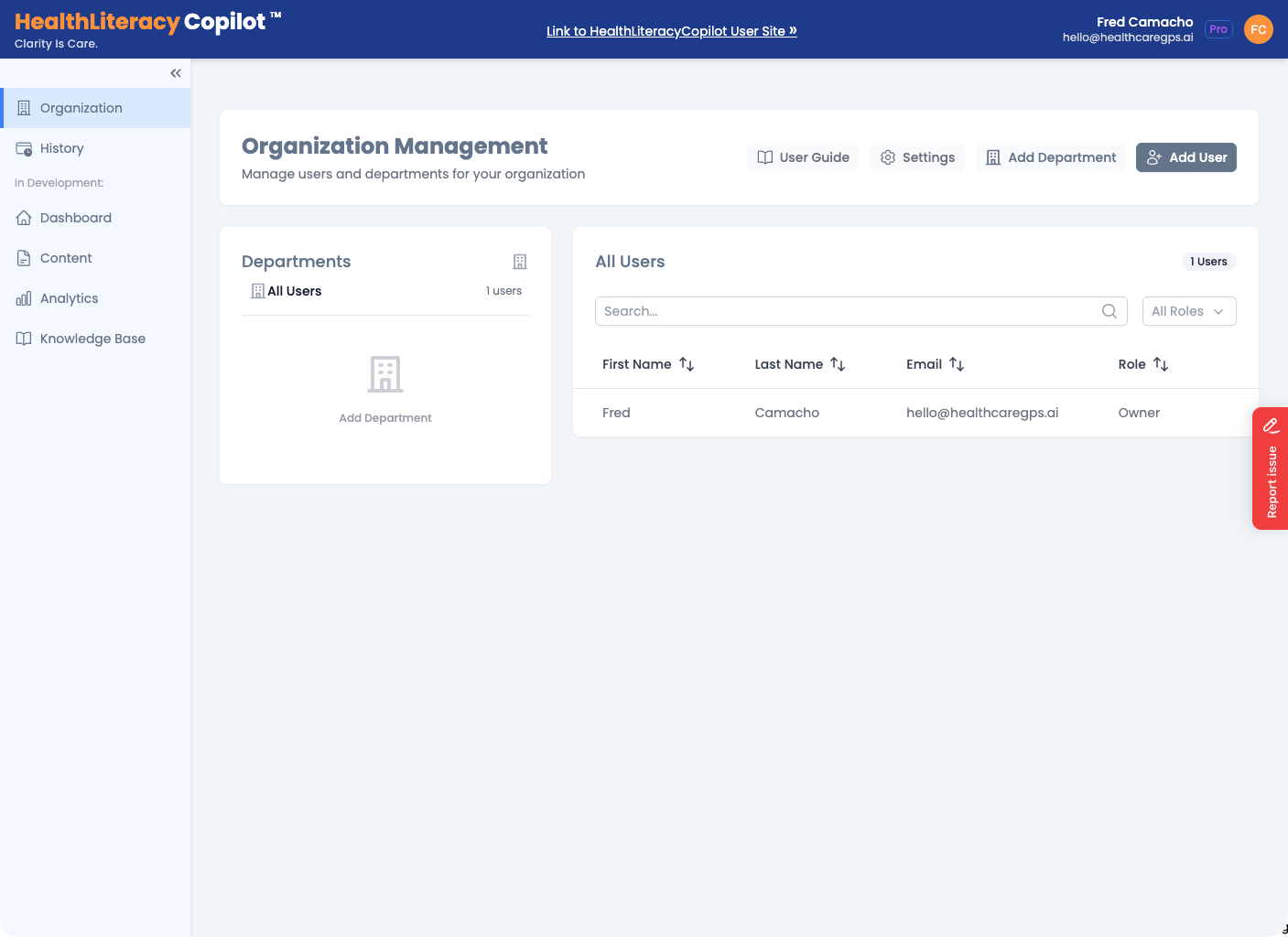 Organization Management dashboard showing users and departments