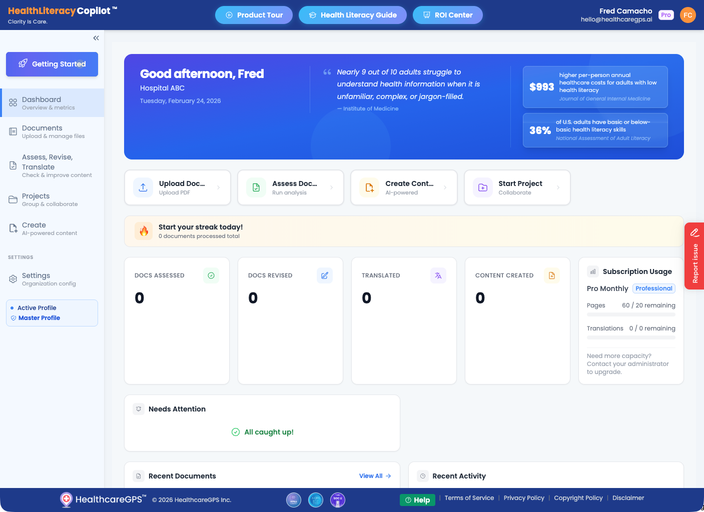 HealthLiteracyCopilot User Dashboard with quick actions and statistics