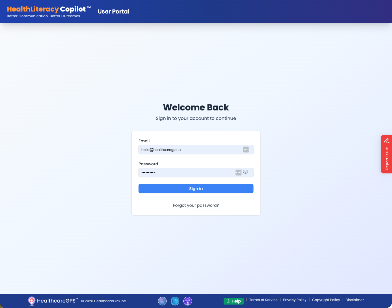 User Portal sign in page