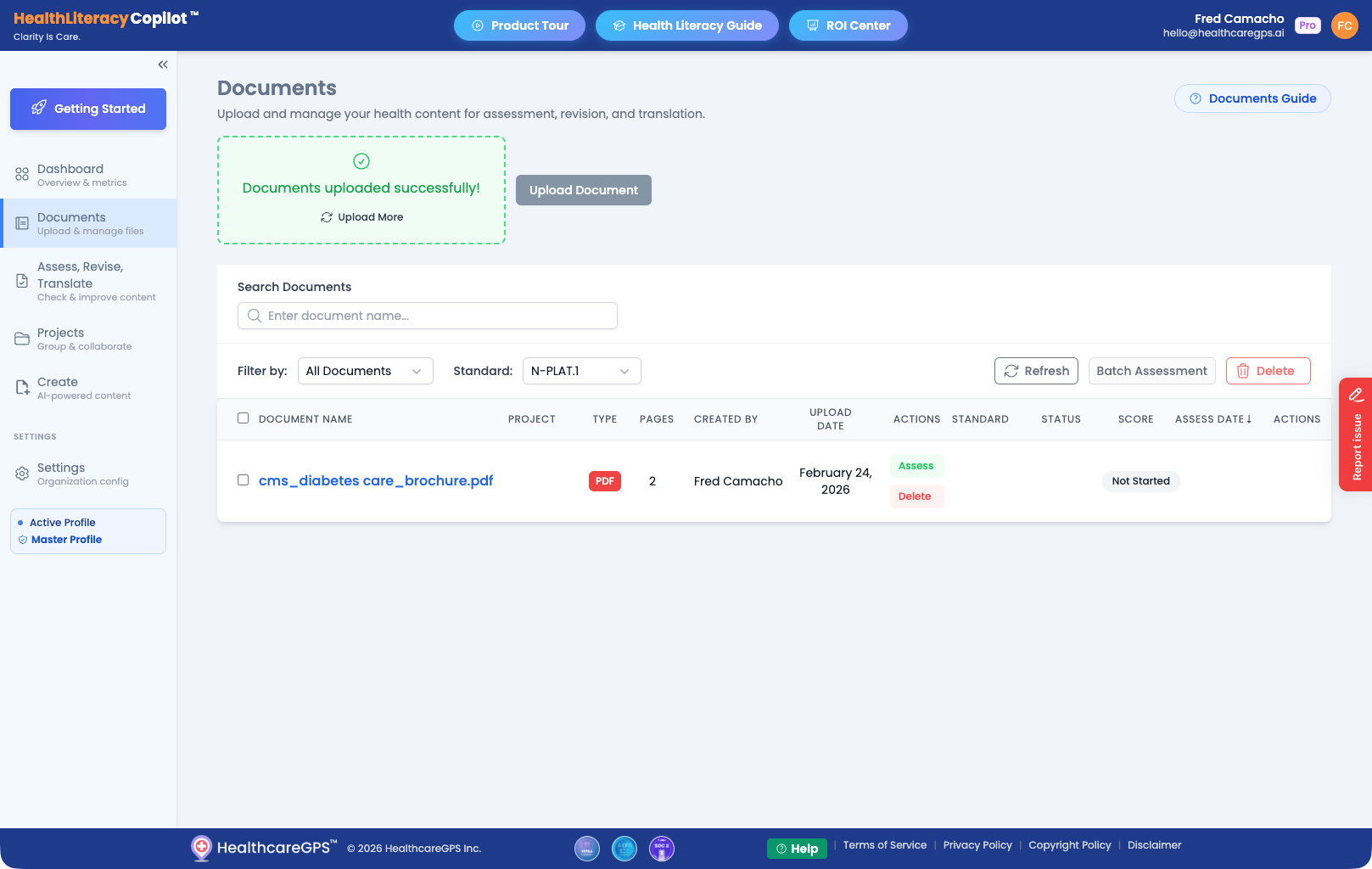Documents page showing uploaded PDF with Assess action available