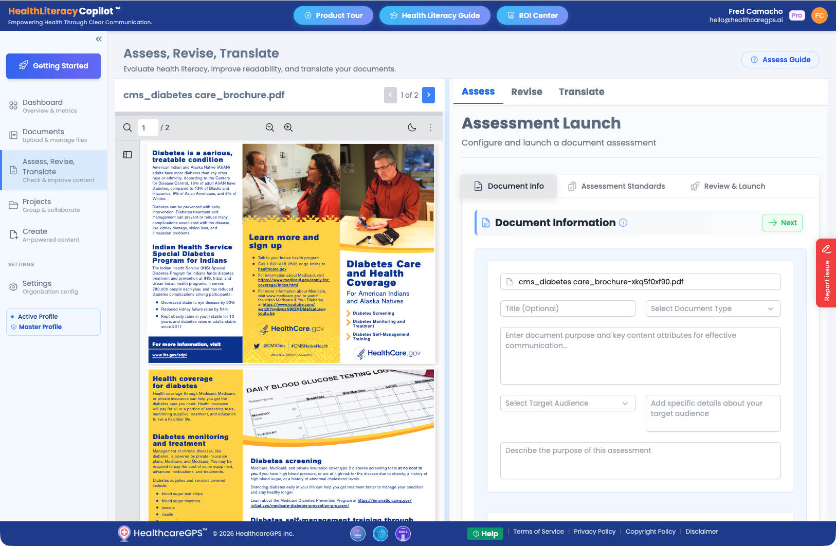 Assessment Launch - Document Information form with PDF preview
