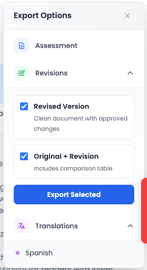 Export Options panel showing Assessment, Revisions, and Translations export choices